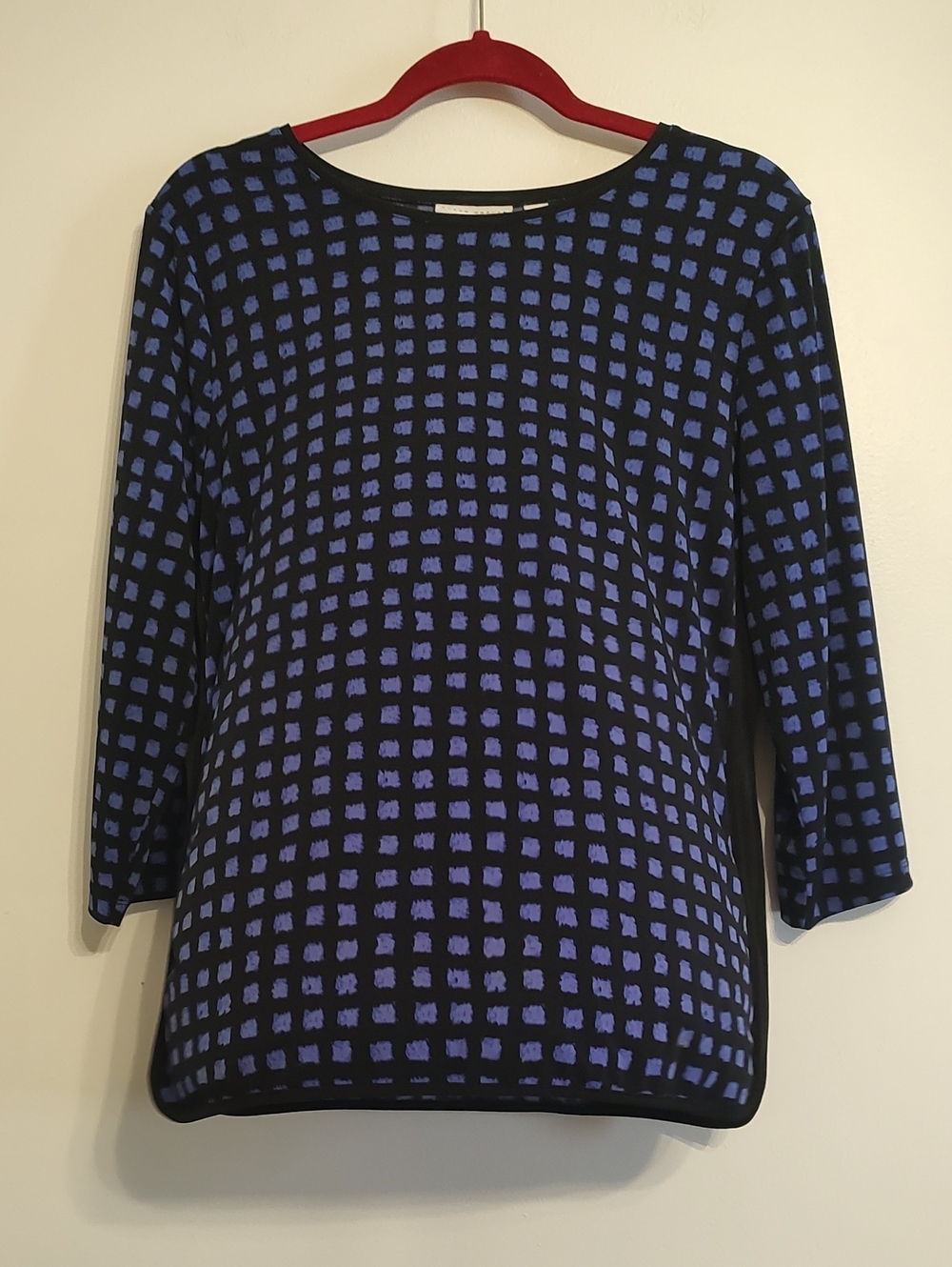 Susan Graver Black Top with Periwinkle Square Print